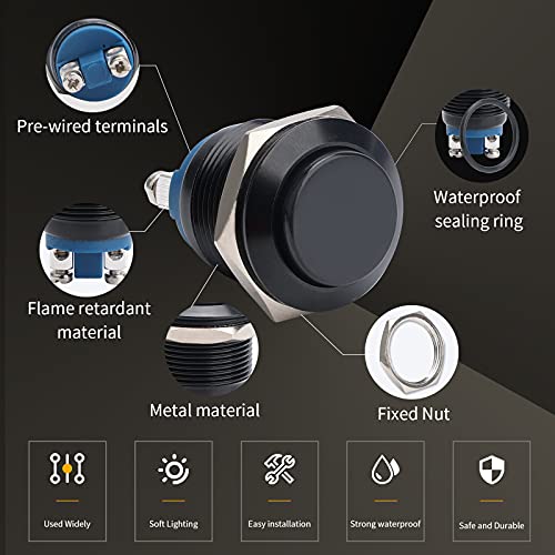 Starelo 5Pcs 19Mm Momentary Push Button Switch Black Shell, Ip65 Waterproof Push Button Switch,Stainless Steel 1 Normally Open Without Led. #TOP4