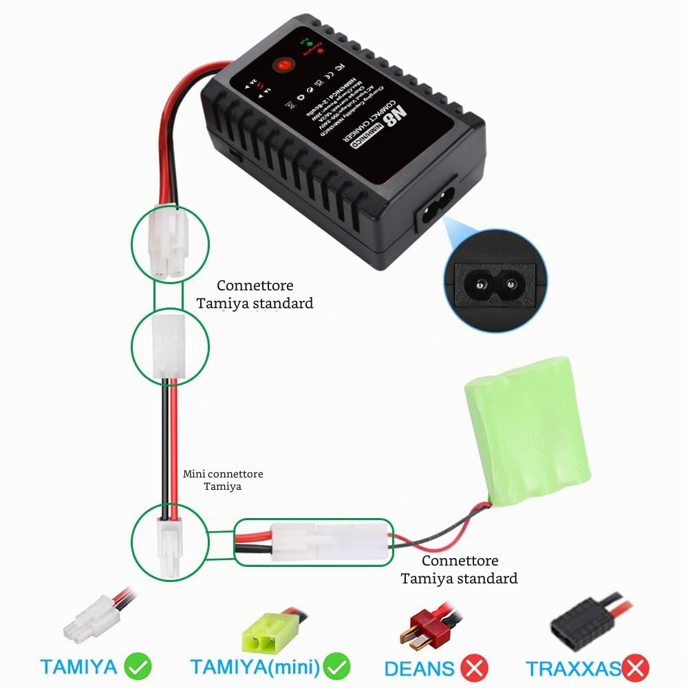 Haisito Caricatore Lipo N8, 2 – 8 s, Smart NiMH/NiCd, con spina standard/mini 2,4 V/9,6 V; adatto per auto airsoft-RC, barche, droni RCA
