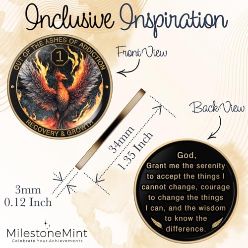 phoenix sobriety coin  aa chip medallion gift set with coin capsule display stand amp card for sober men amp women in recovery  sobriety gifts for anniversary month amp year 1 year