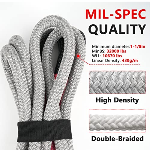 Image of NTR 1-1 /8 inch x 20' Kinetic Recovery Tow Rope (37,480lbs), with 2 UHMWPE Soft Shackles (40,980lbs), Heavy-Duty Offroad Snatch Strap, Vehicle Recovery kit for Jeep car Truck ATV UTV SUV