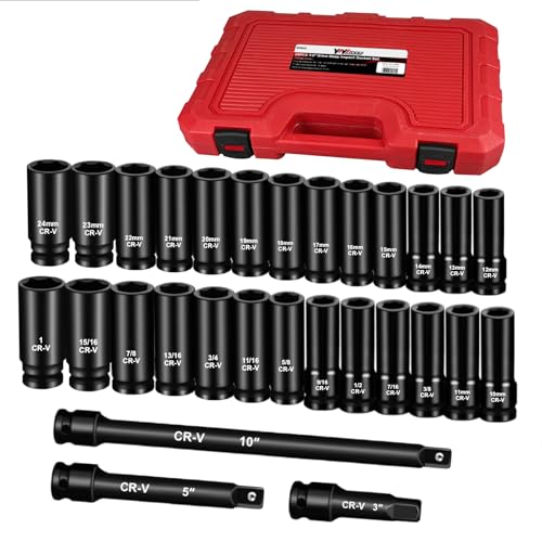 Image of YIYITOOLS 1 /2 Drive Socket Set, 29-Piece Deep Impact Socket Set, Standard SAE (3 /8 inch- 1 inch), Metric (10mm-24mm) Sockets with 3 inch, 5 inch, 10 inch Impact Extension Bar, Cr-V Steel, Colored Groove