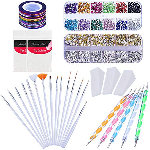 Kyerivs nail art set strass decorazione 15PCS pennelli per unghie 12 colori nail strass 10PCS colori rotoli Striping tape Line nail spugna punteggia Marbleizing penna per pedicure e nail art stickers