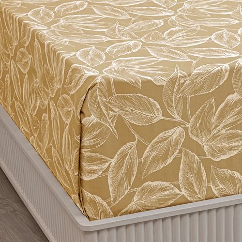 Image of HOMEMONDE Premium 210 TC Cotton Bedsheet King Size 108 x 108 Inches Leaf Printed Soft Flat Sheet with 2 Pillow Covers 18 x 28 Inch, Perfect for Home Decor & Gifting - Golden