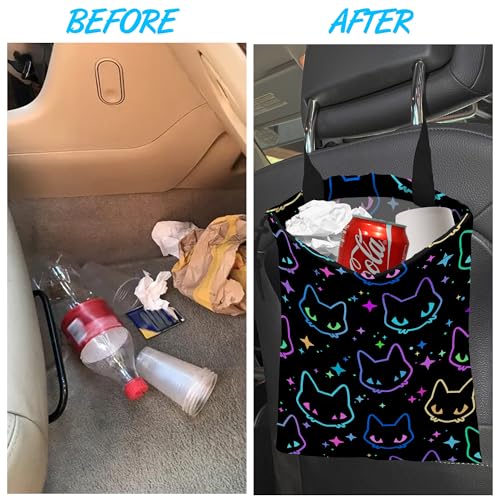 Image of Car Trash Bag Colorful Neon Cat Heads Car Garbage Bag Hanging Car Trash Can for Back Seat with Drawstring, Waterproof Garbage Bags for Accessories Vehicle Travelling Camping Outdoor