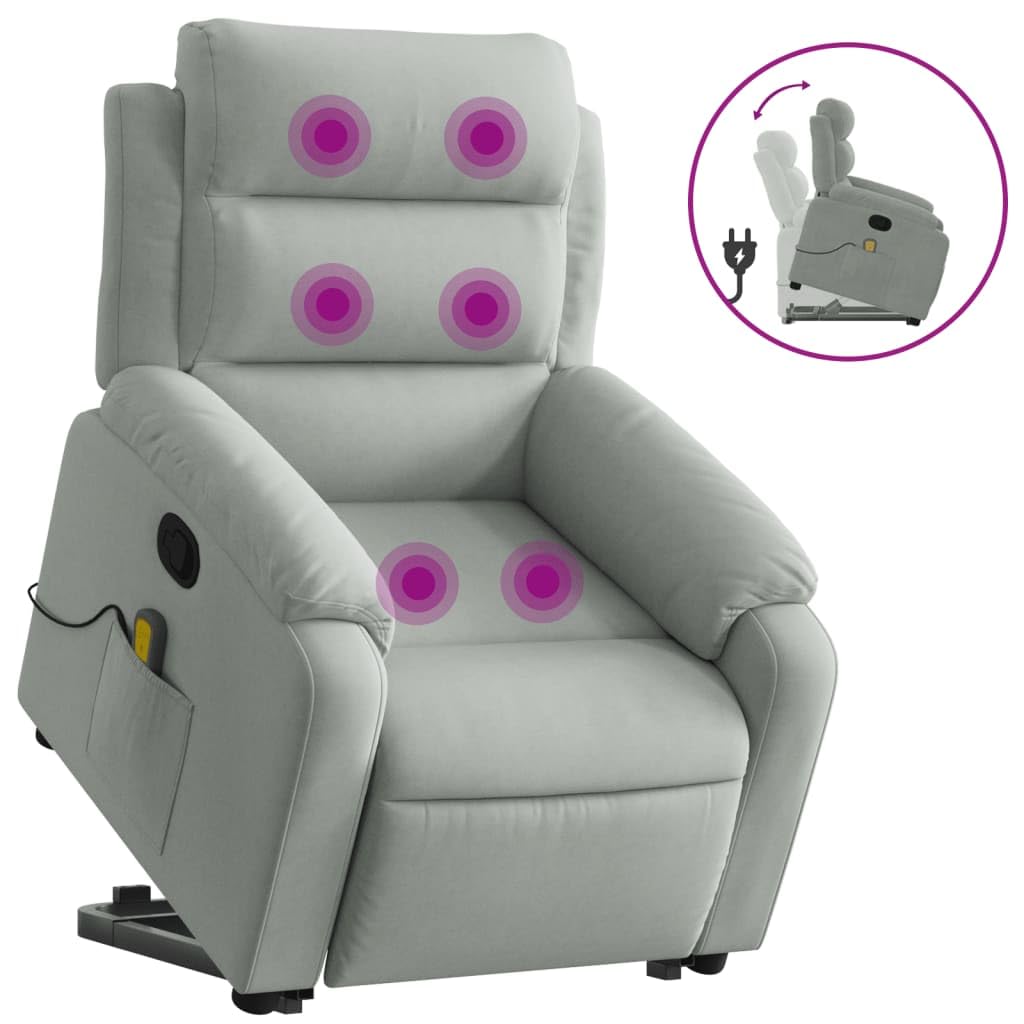 Sillón elevador reclinable gris claro de terciopelo con masaje y elevación eléctrica, función de vibración de 6 puntos, reclinación manual de 135 grados, estructura estable