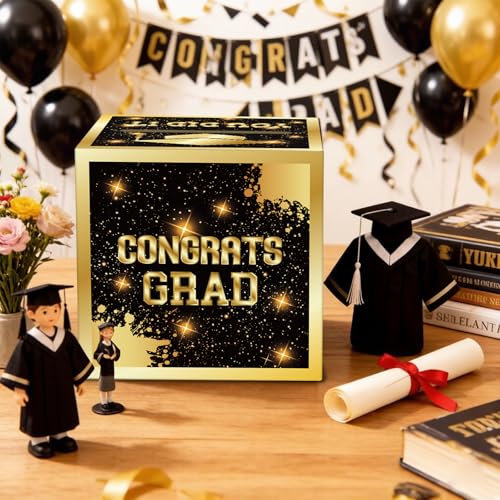 Image of Graduation Congrats Card Box, 2026 Graduation Party Decorations, Graduation Party Decorations Graduation Money Card Boxes Holder Graduation Gift Party Favors Decor Party Supplies (Gold)