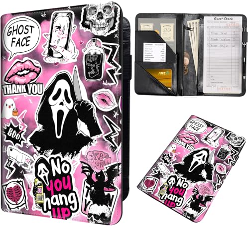 Server Book for Waitress – PU Leather Cute Server Organizer with Zipper Pocket, Card & Money Holder, Pen Loop – Fits Apron – Waitress Book for Servers, Ghost Face