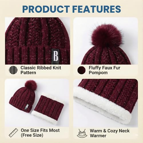 Image of Kraptick Women's Winter Beanie Cap and Scarf Set with Soft Fleece Lining, Thick Cable Knit Woolen Cap for Ladies & Neck Warmer for Extreme Cold Stylish Pom Pom Hat & Scarf Set -7