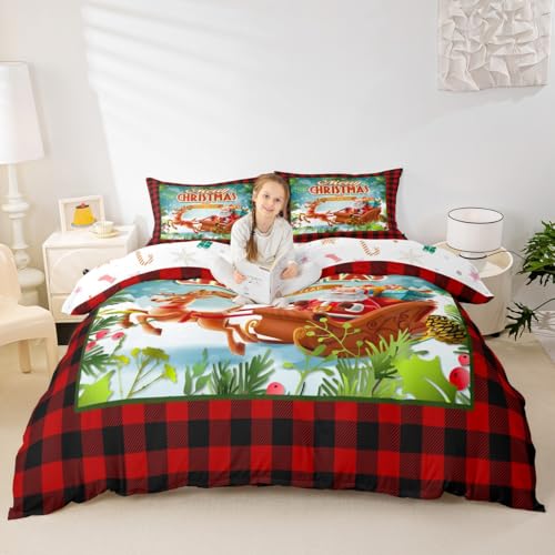 Santa Claus Kids Duvet Cover Set Twin Size,Snowflake Christmas Deer Romantic Bedding Set,Girls Boys Adults Xmas Decor,Geometric Grids Patchwork Comforter Cover,Red Rustic Quilt Cover,1 Pillowcase