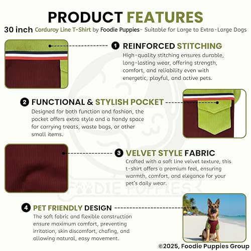 Image of Foodie Puppies Corduroy Line Velvet Pocket T-Shirt Warm Sweater Jacket - (30 inch, Olive & Maroon) for Xtra Large Size Dogs | Soft, Lightweight Pet Apparel | Stylish, Comfortable, Durable, Stretchable