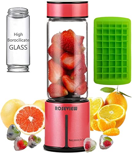 Batidora portátil de batidos ROSEVIEW de vidrio inalámbrico Mini batidos mezcla de taza para batidos USB recargable exprimidor 2 baterías de mano mezclador de chorro de viaje personal (Rosa roja)