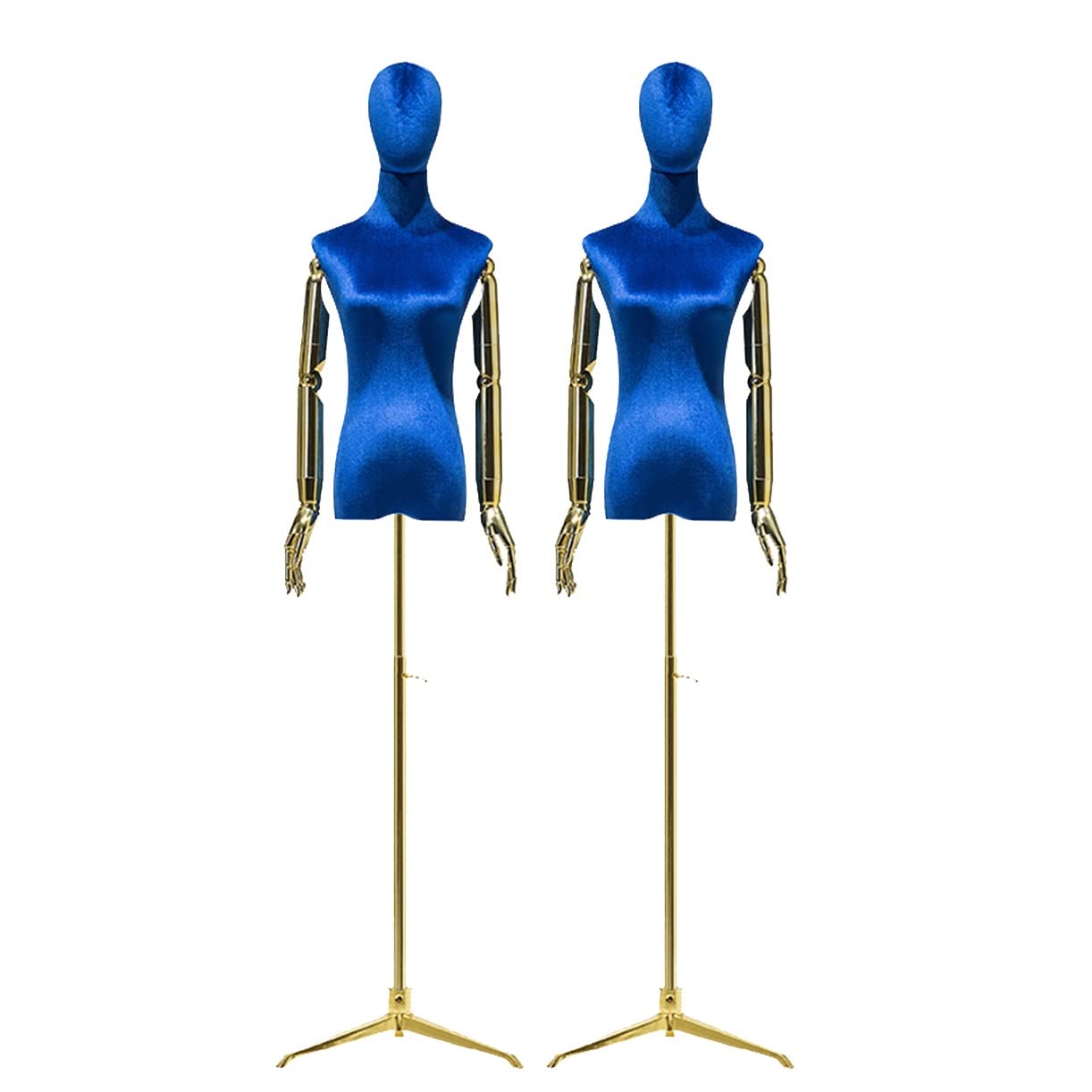 Damski niebieski aksamitny regulowany manekin, 2 sztuki, wysokość 135-210 cm, zdejmowane ramiona i głowa, metalowa podstawa statywu do szycia, wyświetlacz odzieży i biżuterii.