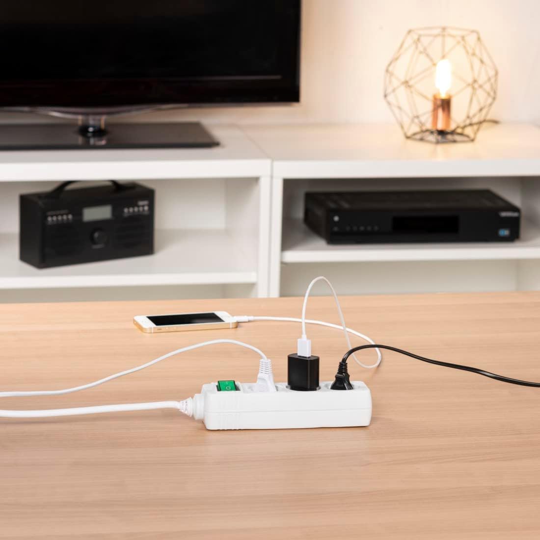 Hama 3-Way Power Strip with Switch, 1.4 m (Power Strip with Switch, 3-Way Power Strip, 3-Way Multiple Socket, Multiple Plug, with Touch Protection, Illuminated Switch, 45°) White