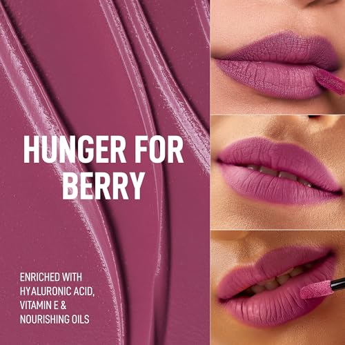 Image of RENEE Stay With Me Matte Transferproof Liquid Lipstick- Hunger for Berry | Waterproof & Smudge-proof | Bold Pigment, Lightweight & Long-lasting | With Hyaluronic Acid & Vitamin E | 6 ml