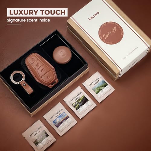 Image of Keyzone Premium Leather Key Cover & AC Vent Car Perfume Combo (4 Fragrances) | Compatible for BYD Seal, Atto3 4 Button Smart Key. (Brown)