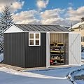 DWVO 10' x 8' Outdoor Storage Shed, Waterproof Metal Garden Shed with Windows, Lockable Doors, and Sloped Roof for Patio, Backyard, Lawn, Tool Storage, Bike Shed, Pet Shelter (Gray + White)