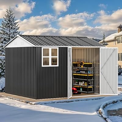 DWVO 10' x 8' Outdoor Storage Shed, Waterproof Metal Garden Shed with Windows, Lockable Doors, and Sloped Roof for Patio, Backyard, Lawn, Tool Storage, Bike Shed, Pet Shelter (Gray + White)
