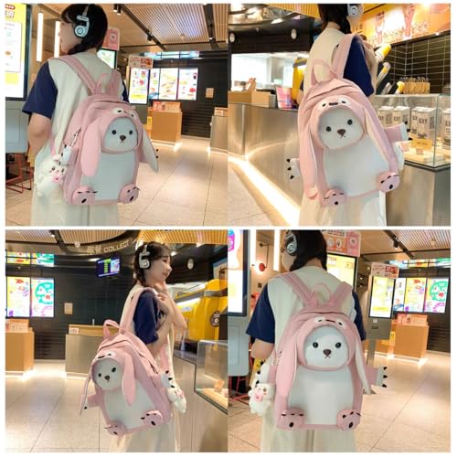 Cute Puppy Pink Backpack with Cartoon Charm Pendant for Women Large Capacity Dog in A Rabbit Costume for Gift (Black)3