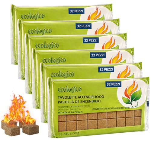 6 Cajas 192 Pastillas de Encendido Ecológicas, Pastillas de Fuego para Encendido Carbón, Chimeneas, Estufas y Barbacoas, Pastillas Iniciador De Fuego Enciende Facil y Rápido, Fabricado en Italia