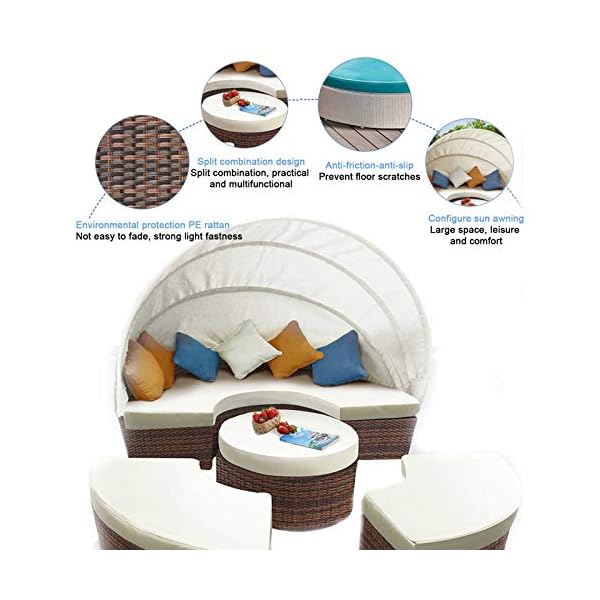 Garden Round Daybed Bed - Poly Rattan Sun Day Sectional Sofa Bed with Table and Canopy - Outdoor Patio Sofa Lounger Set - Modern Sunbed Lounge Furniture - Image 6