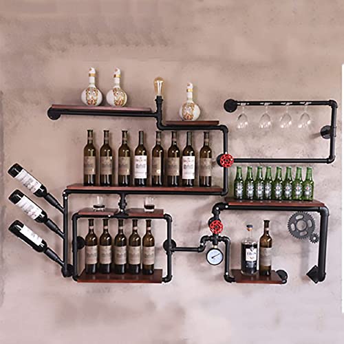 FCXBQ Casiers à vin industriels Tuyau Mural Porte-Verre en Fer 28 Bouteilles Accessoires de vin Suspendus en métal Rustique Rangement pour Bouteilles Étagères en Bois Rangement Mural pour Salon CU - Image 3