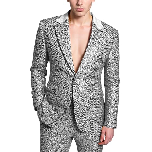 MOGU Men's Sequins Suit 2 Piece Shiny Dress Suit Sparkly Gold Silver Stylish Tuxedo Set for Party Wedding Dinner2