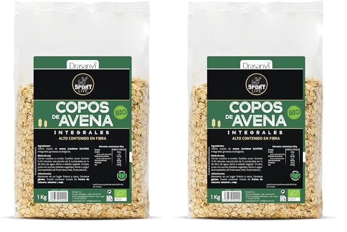Drasanvi SPORT LIVE Copos de Avena Gruesos Integrales BIO | Fuente natural de proteínas y Vitaminas del grupo B y E | Alto contenido en Fibra | 1kg (Paquete de 2)