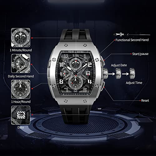 Image of TSAR BOMBA Mens Watches Luxury Tonneau Watches for Men Waterproof 50M Analog Watch Chronograph Calendar Date Men's Dress Business Work Watch Diver Large Square Face Wristwatch