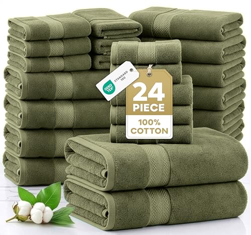 Image of LANE LINEN Cotton Towels for Bathroom - 24 PCs - Highly Absorbent, Durable & Soft - 4 Bath, 4 Fingertip, 6 Hand Towels, 8 Washcloths, 2 Bath Sheets - Family Bundle Pack - Oil Green