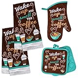 Coffee Kitchen Towel Set 'Wake Up and Smell The Coffee' with 2 Quilted Pot Holders, 2 Dish Towels and 1 Oven Mitt