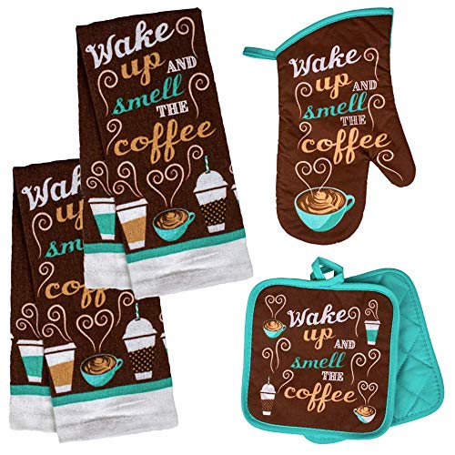 Coffee Kitchen Towel Set 'Wake Up and Smell The Coffee' with 2 Quilted Pot Holders, 2 Dish Towels and 1 Oven Mitt