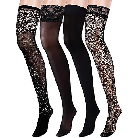CHENGU 4 Pairs Woman's Black Lace Top Thigh-High Stockings Fishnet Stockings Satin Bows Silk Stockings Floral Rhinestone Stockings (Style A) Cover