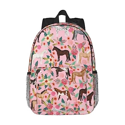 exroozy Pink Horse Backpack for Boys Girls Flowers School Bags Cute Animals Shoulder Bags Travel Backpack Horse Print Bookbag 15 inch Gift for Kids Toddler Cover