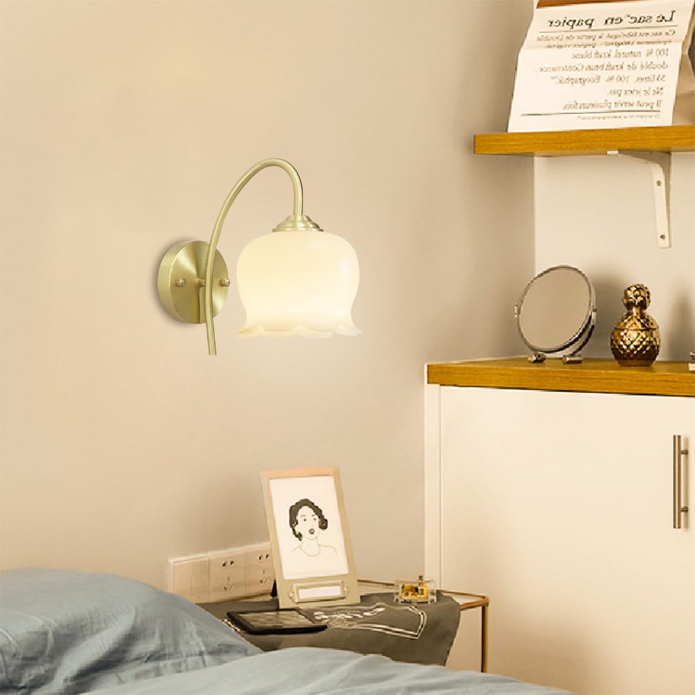 Applique da Parete in Stile Nordico, Lampada in Ottone con Supporto in Resina a Forma di Fiore, Applique Moderne con Cablaggio Fisso, luci per Soggiorno, lampade da Comodino per ca