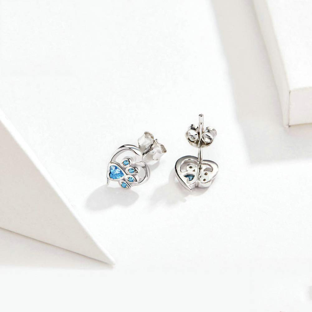 YCTTKDD Hypoallergene 925er-Sterlingsilber-Ohrstecker, Herz-CZ-Hundekatze-Klauendruck-Ohrringe, Mädchen-Silberschmuck, geeignet für Haustierliebhaber und Mädchen