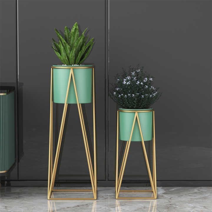 Image of Brass Industry Iron Metal Indoor Out Door Bedroom Home Office Planter Pot Tall Stand with Planter for Living Room, Balcony Flower Pot Stand Set of 2 (Green)