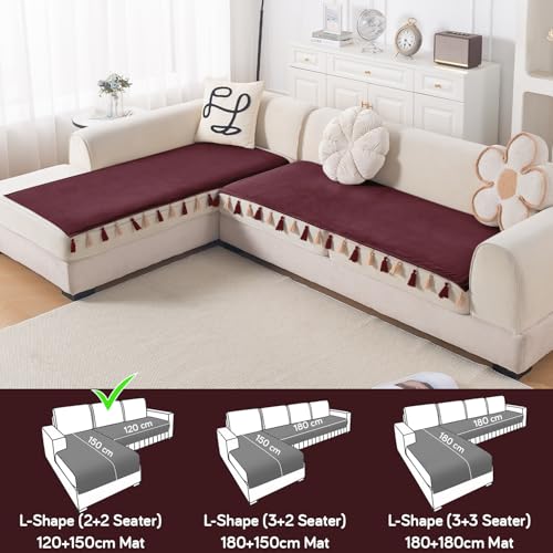 Image of HOKIPO Tassel Tone Holland Velvet Sofa Cover L Shape 4 Seater Mat, Wine Red