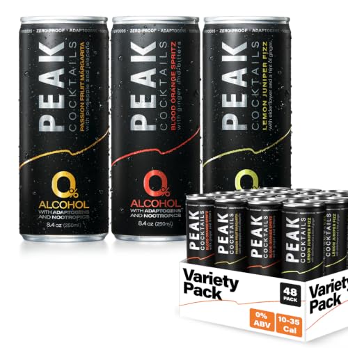 Image of Peak Cocktails Non Alcoholic Drinks, Calming Adaptogen, Variety 48 Pack | Calming, ashwagandha, tart cherry, L-theanine adaptogen blend; recovery, sleep & mood, non-alcoholic, zero proof, vegan