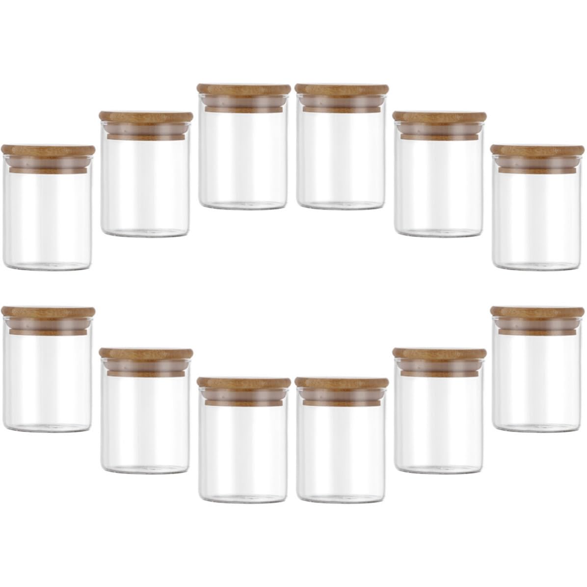 Zerodeko Juego de 12 Botes de Vidrio 250ml con Tapa de Bambú | Cierre Hermético, para Cereales, Arroz, Azúcar, Té y Café, Almacenamiento de Cocina, Formato Compacto