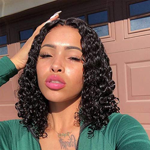 WIGNEE Curly Wigs Lace Part 100% Brazilian Human Hair 4x4 Lace Closure Middle Part Bob Glueless Wigs Natural Black (12 Inch)
