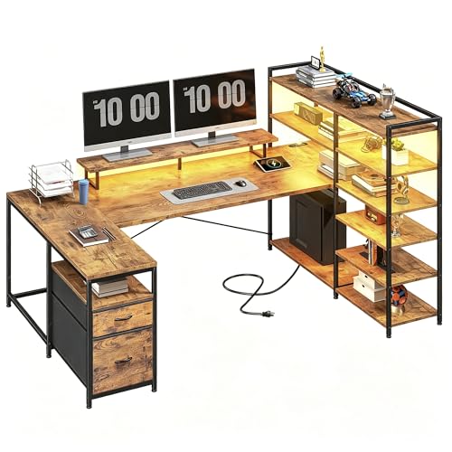 Image of DurayLoly 63 inch L Shaped Desk with 6-Tier Shelves & 2 Fabric Drawers,Brown | Reversible Corner Desk with Monitor Stand & CPU Stand,Power Outlet & LED Lights,Computer Desk for Home Office,Bedroom