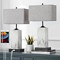 VUAA Table Lamps for Living Room Set of 2, Modern Bedside Lamps with Dual USB Ports for Bedroom Nightstand, Large End Table Lamps with Grey Fabric Shades Minimalist Decor Marble Finish