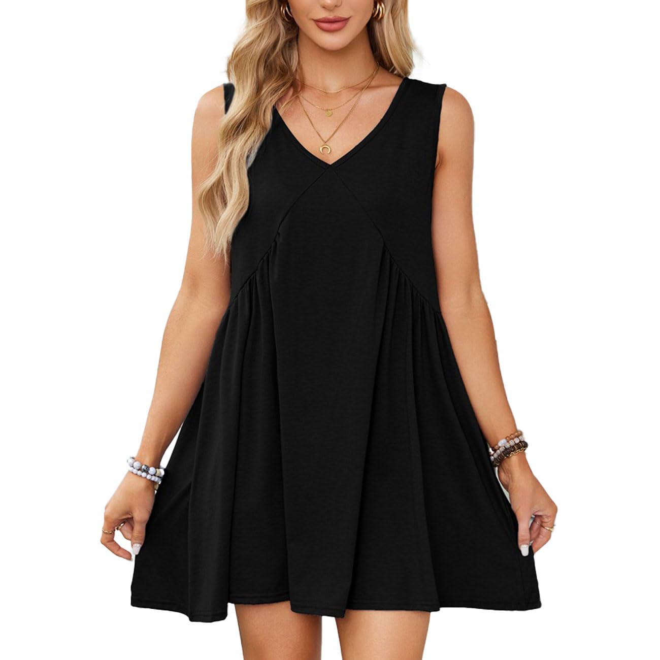 EMOTTOS Minivestido sin Mangas para Mujer, Vestido de Verano con Volantes y Bolsillos, Vestidos de Tirantes con Cuello en V y holgura.