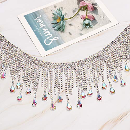 Strass aparando roupas apliques Strass de strass, corrente de borla de costura(,8.5cm wide silver AB