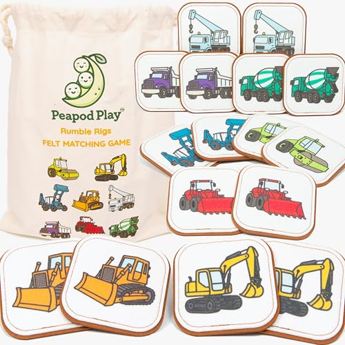 Image of Felt Construction Matching Game for Toddlers – Truck Memory Game & Flash Cards – Soft and Safe for Ages 1+ – Montessori Preschool Learning Activity – Educational Construction Toy for Boys & Girls