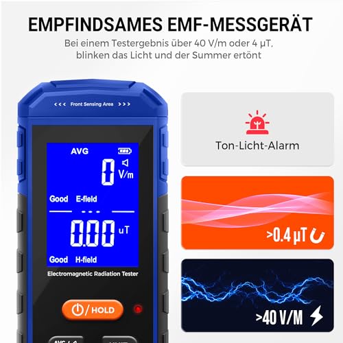 KENMIC Wiederaufladbares EMF-Messgerät, Strahlungsdetektor Tragbarer Handgehaltener Detektor für Elektromagnetische Felder mit Digitalem LCD, Prüfung von EF/MF - Blau