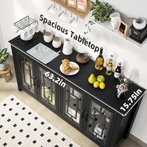 Large Sideboard Buffet Cabinet with Storage, 63" Farmhouse Black Kitchen Coffee Wine Bar Cabinet with 4 Glass Doors, Wood Mid Century Modern Side Board Table for Dining Room, Living Room Large Sideboard Buffet Cabinet with Storage 63 Farmhouse Black Kitchen Coffee Wine Bar Cabinet with 4 Glass Doors Wood Mid Century Modern Side Board Table for Dining Room Living Room