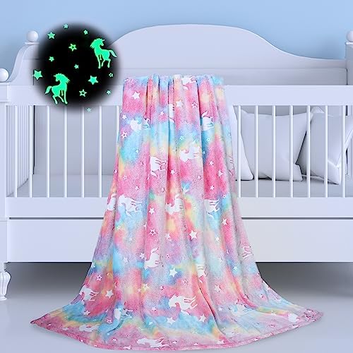 Cozwiv Glow in The Dark Blanket for 1-10 Year Old Girl Birthday Gifts Ideas Cool Unicorns Gifts for Age 1 2 3 4 5 6 7 8 9 10 Year Old Girl Surprise Toys for Girls Kids Toddler Blanket 50”X60”