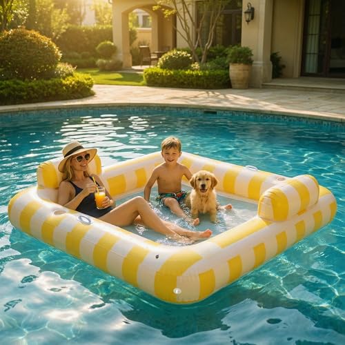 Image of Float Joy Lake Floats for Adults Pool Floaties for 2 Person 75 inch x 67 inch Giant Pool Lounger Water Hammock Inflatable Pool Hammock Floating Island with Cup Holders