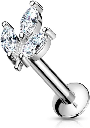 Pierced Owl - 16GA Triple Crystal Marquise Acero Inoxidable Sin Rosca Push In Flat Back Labret Monroe Lip Stud
